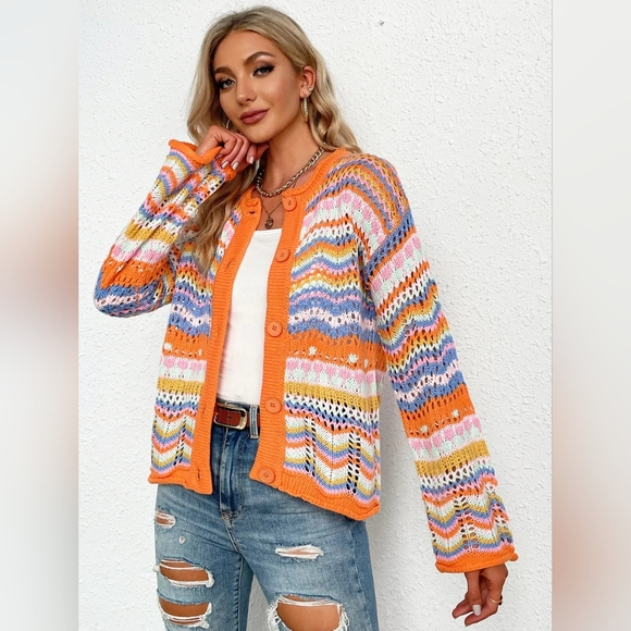 Sweaters - Bright Chevron Stripe Openwork Knit Button Front Long Sleeve Retro Cardigan